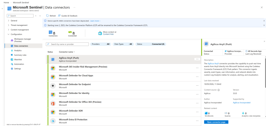 An image showing a connected Push connector in Microsoft Sentinel