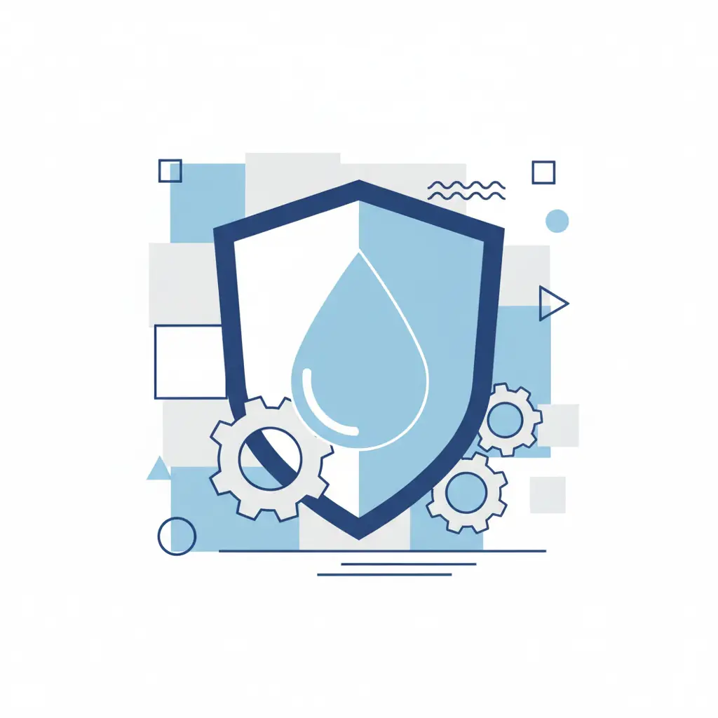 A blue vector illustration showing a digital shield protecting a water droplet and industrial gears, representing cybersecurity for water utilities.