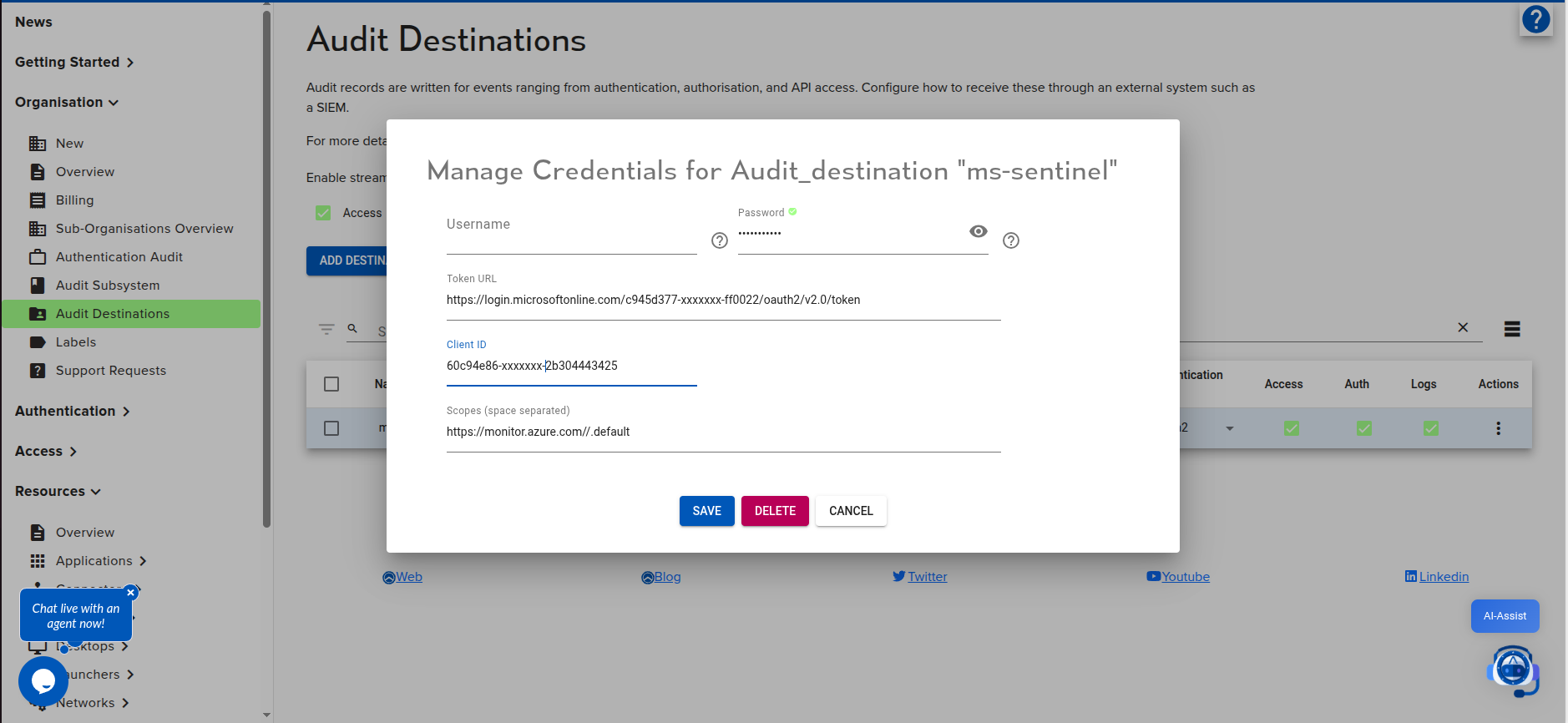 An image showing credentials configuration for an audit destination targeting Microsoft Sentinel