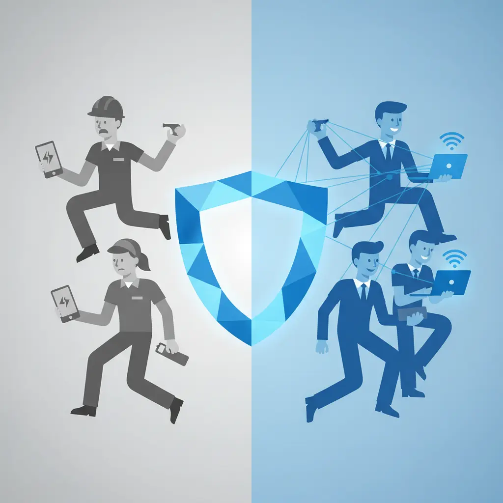 Digital Disenfranchisement: Stop Treating Your Frontline Like Second-Class Citizens 1 Illustration showing the connection between deskless workers and corporate resources via a secure digital bridge.