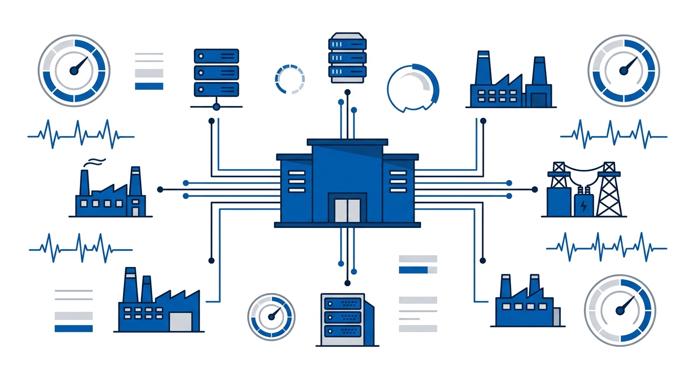 Technical illustration of a central hub connected to industrial facilities, power grids, and data servers