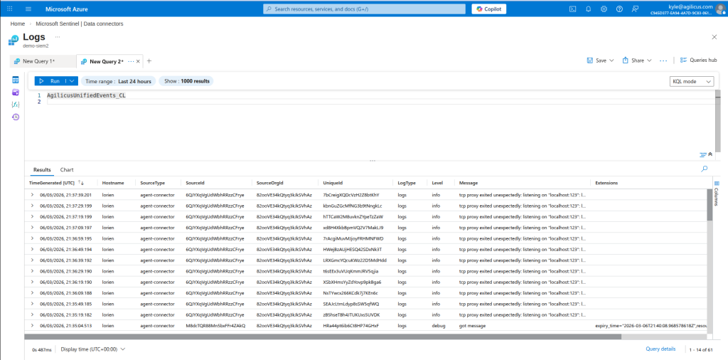 An image showing a table and query of all events received by a push connector
