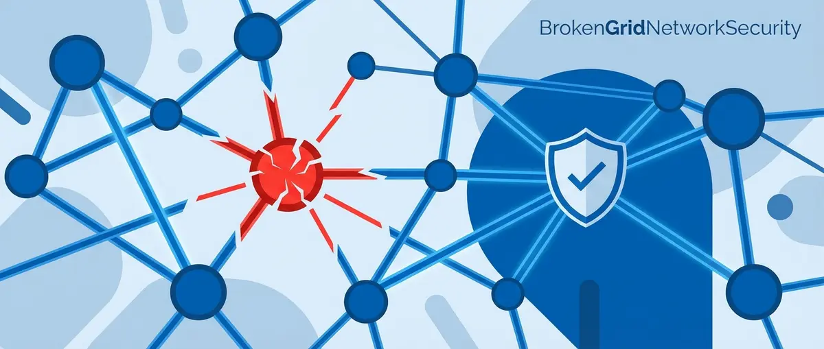 Powered Down: The Polish Grid Hack and Your Plywood Perimeter 1 Illustration of a power grid network with a broken node and a security shield.