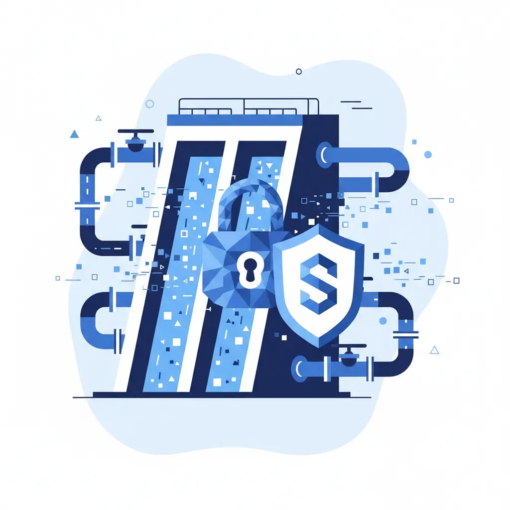 Ransomware Reservoirs: Another Leak in the Critical Infrastructure Dam 1 Illustration of a digital dam with data streams being protected by a shield, representing cybersecurity in water infrastructure.