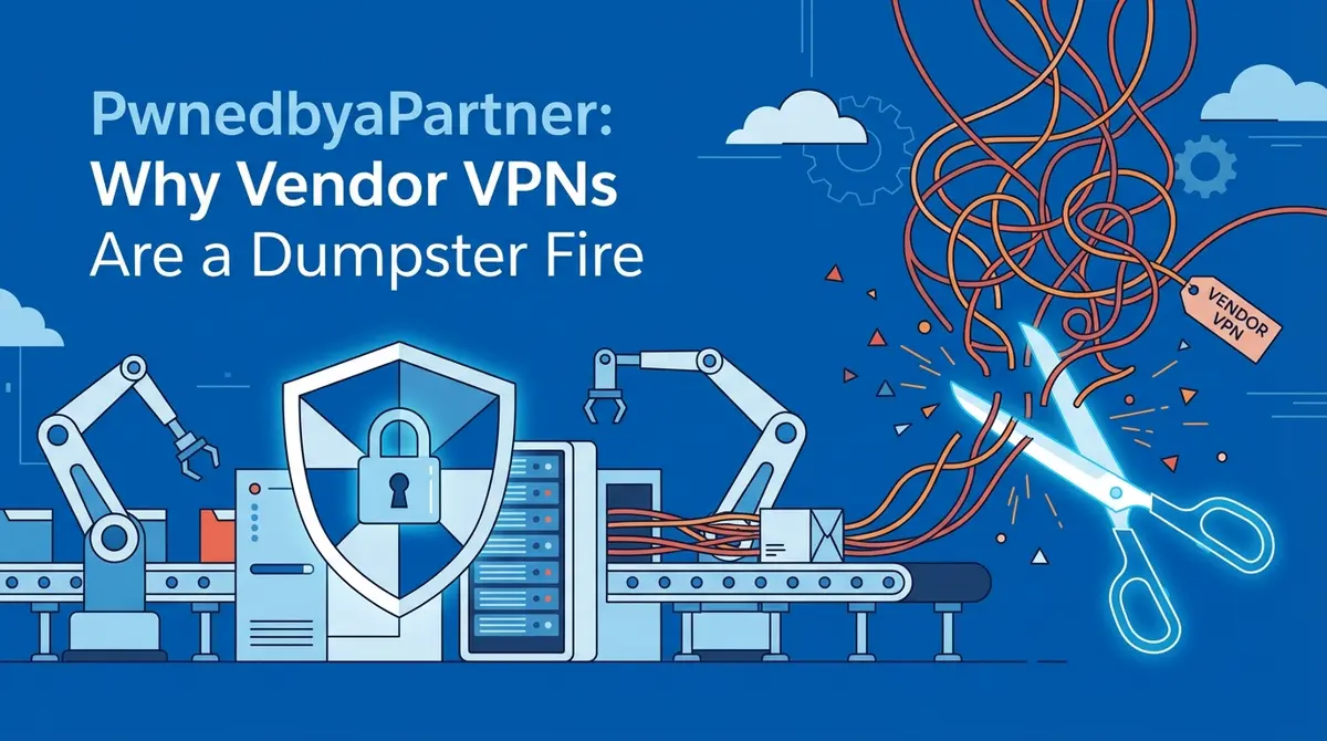 A flat vector illustration of a factory floor where a digital shield protects machinery from insecure connections, symbolizing Zero Trust security.