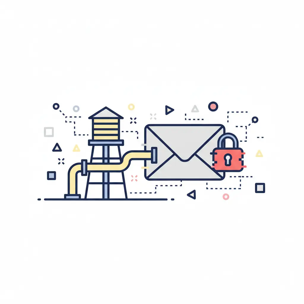 Illustration of a water tower and digital mail envelope symbolizing cyber attacks on critical infrastructure.