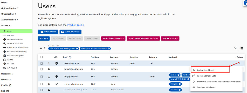 Agilicus Reset User Upstream Identity: Diagram illustrating the process of resetting a user's upstream identity within the Agilicus platform, resolving login issues by clearing the user's existing connection to the identity provider.
