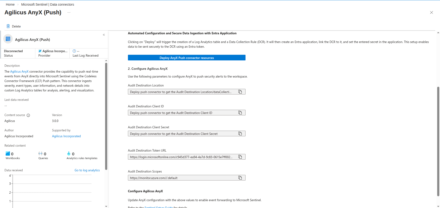 An image showing the Agilicus AnyX Push connector deployment page prior to deployment