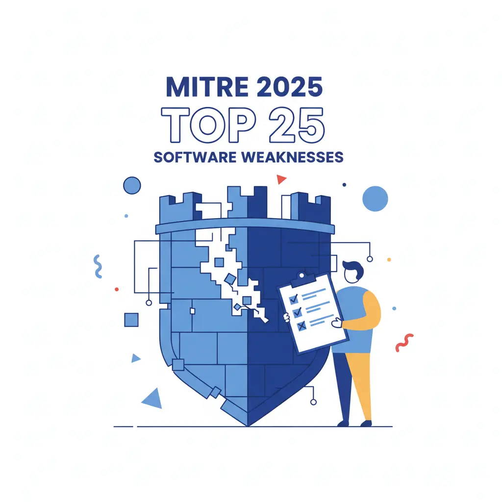Same Old Shenanigans: The MITRE 2025 Top 25 List 1 A graphical representation of a digital fortress with missing blocks, symbolizing the MITRE 2025 software weaknesses.