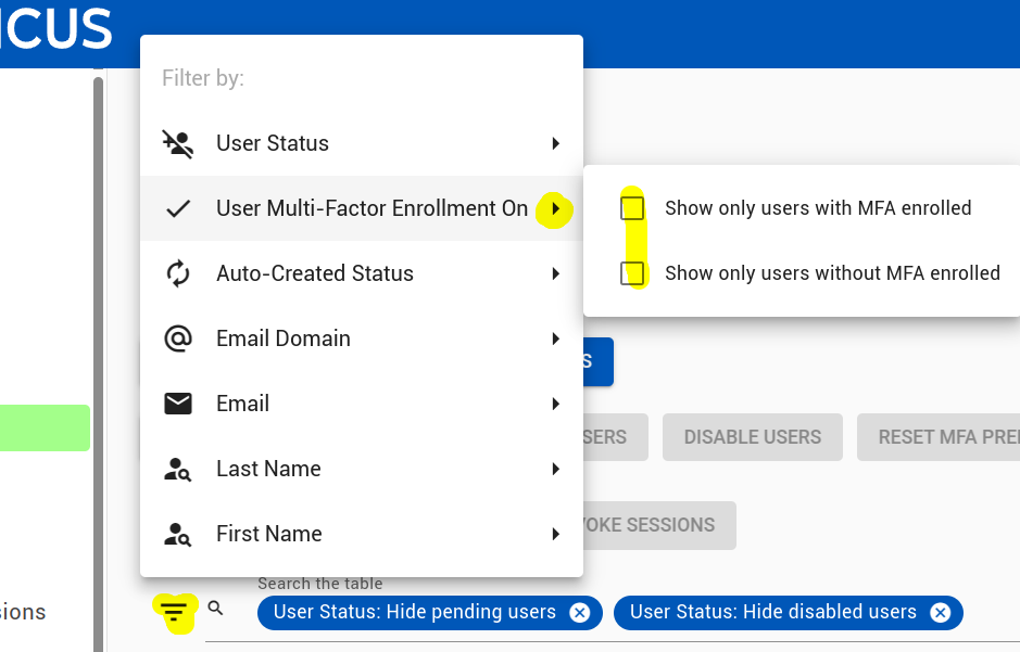 Multi-Factor Authentication (MFA) Status Check in ANYX: A user account in ANYX is shown with a green checkmark indicating MFA is enabled. This confirms the user has successfully set up multi-factor authentication, enhancing account security. For users without MFA enabled, ANYX provides a clear pathway for enrollment and setup, improving overall security posture.