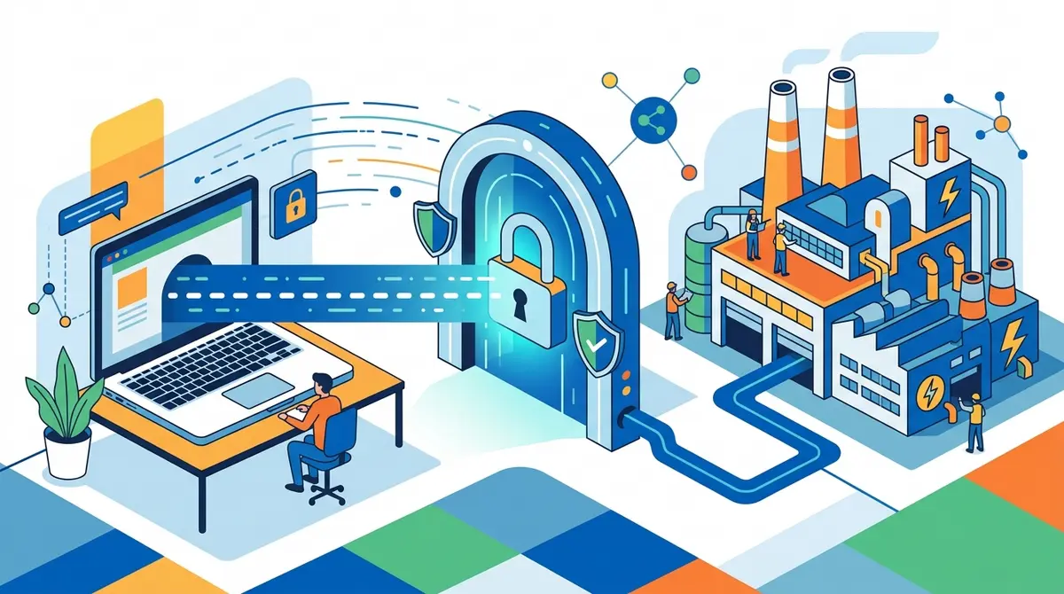 A conceptual vector illustration showing a secure digital pathway connecting a remote user to an industrial facility, representing compliant remote access.
