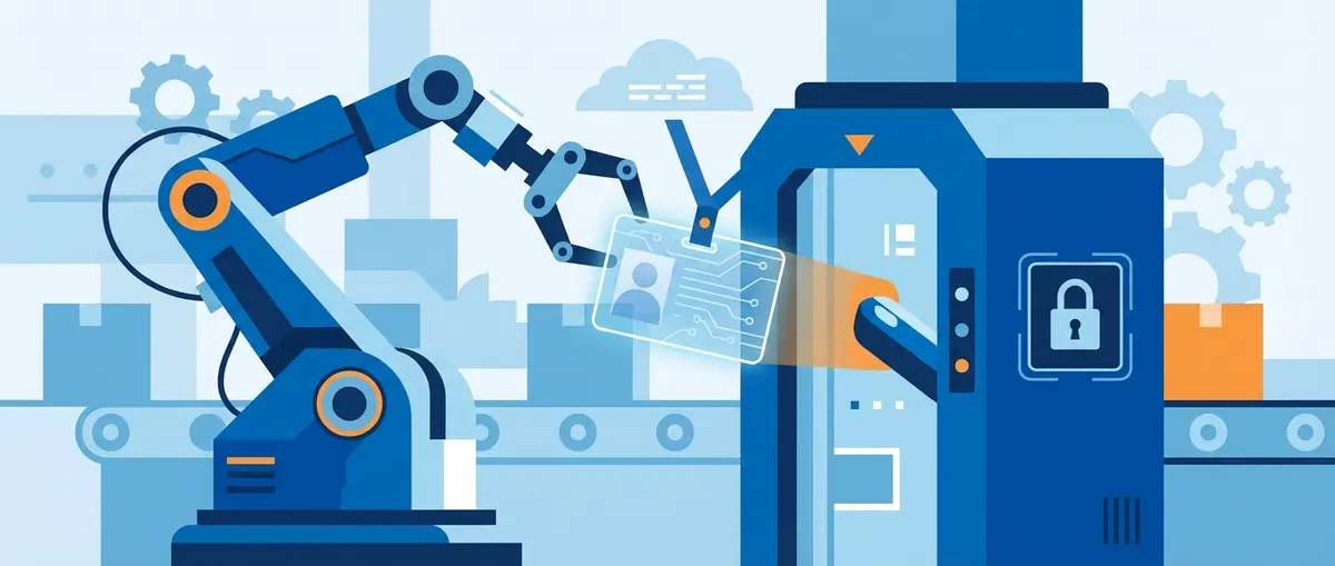 Illustration of an industrial robot arm interacting with a secure digital authentication gateway.