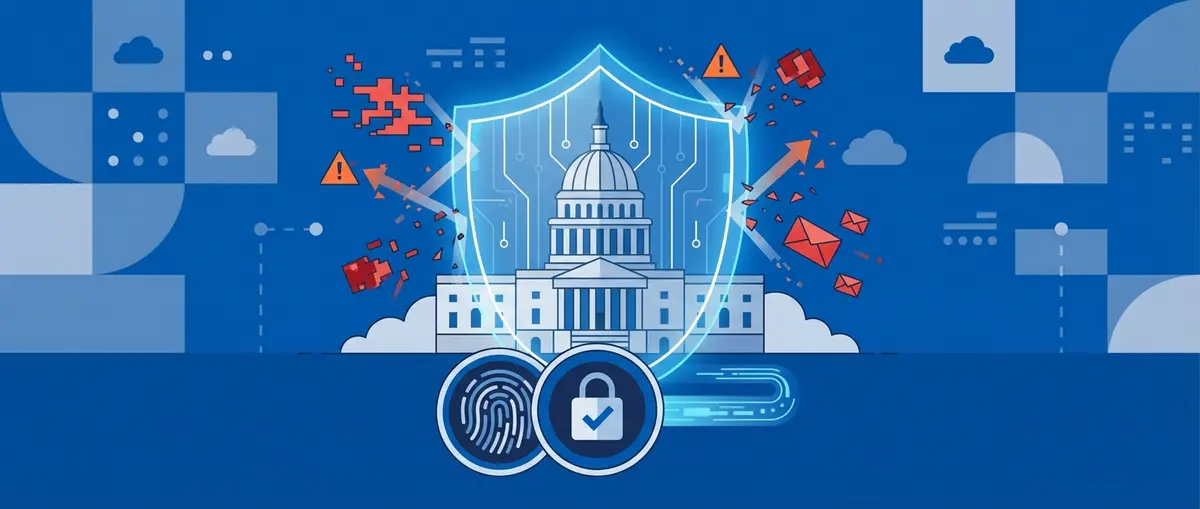 A vector illustration of a government building protected by a digital shield against abstract cyber threats, representing identity-based security.
