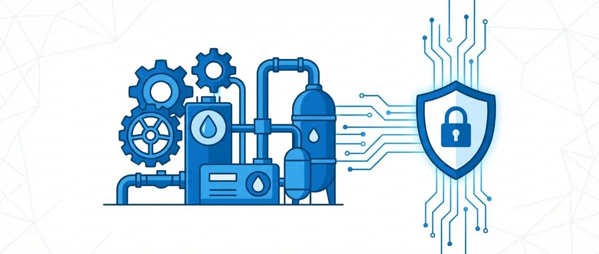 A flat vector graphic depicting a water treatment plant protected by a digital security shield.