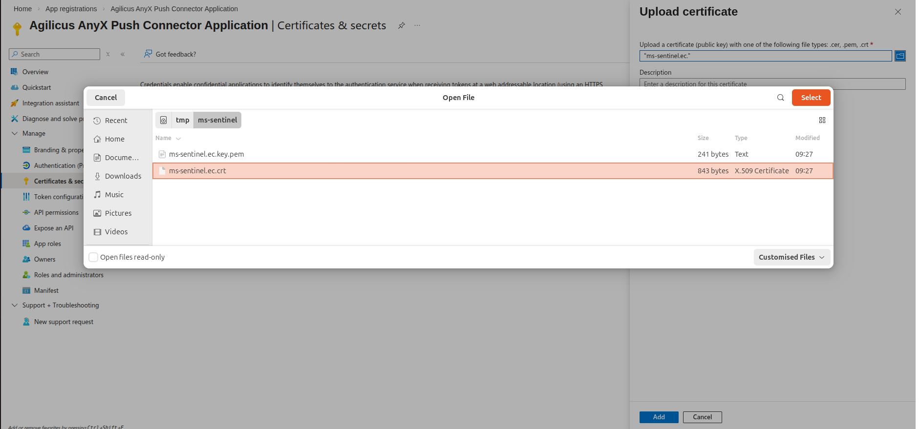 Microsoft Azure App Registrations page showing uploading a certificate