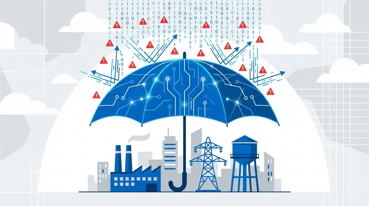 Illustration of a digital umbrella shielding critical infrastructure city elements from cyber threats.