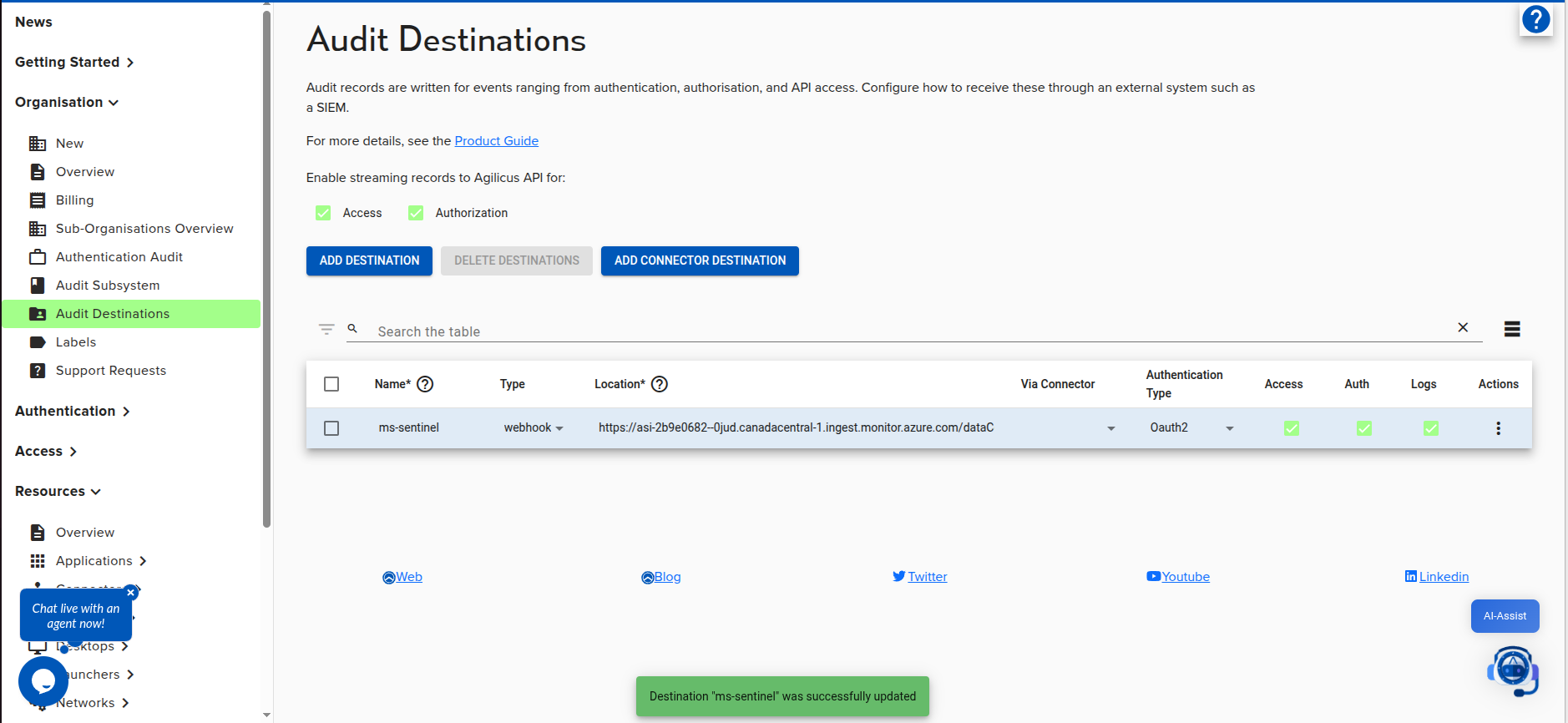 An image showing configuration of an audit destination targeting Microsoft Sentinel