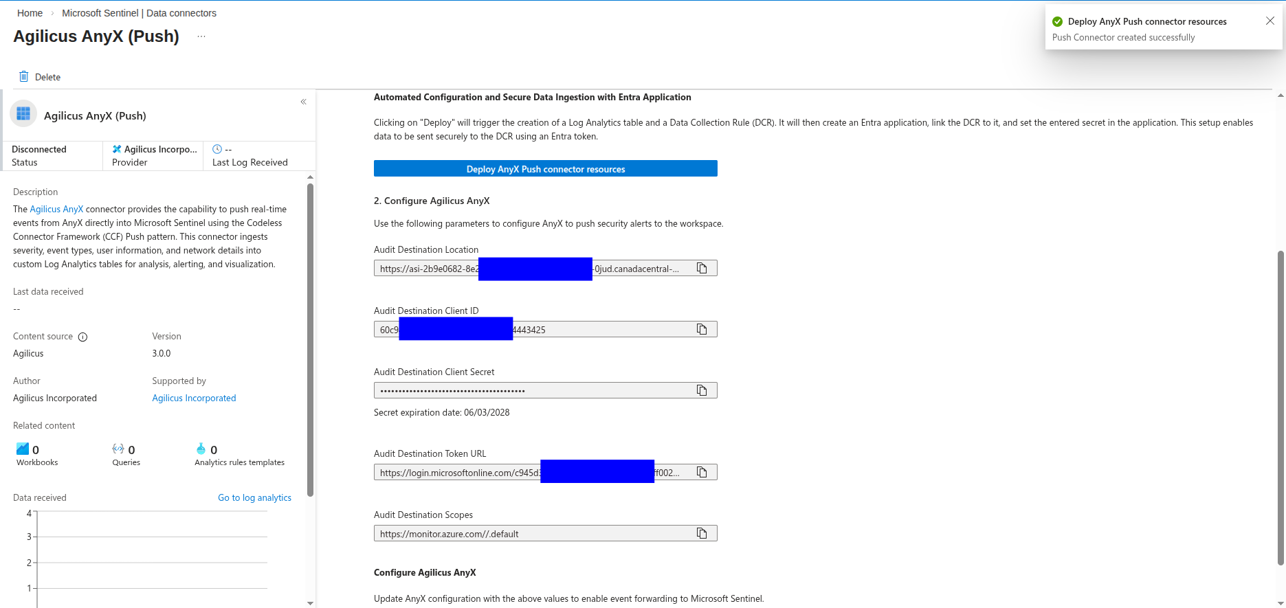 An image showing the Agilicus AnyX Push connector deployment page after successful deployment with the resulting parameters