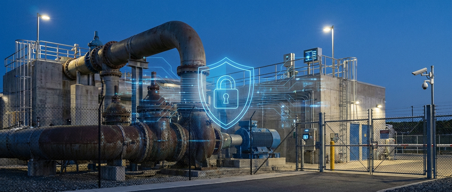 Industrial water facility with digital security overlay representing Zero Trust for critical infrastructure security.