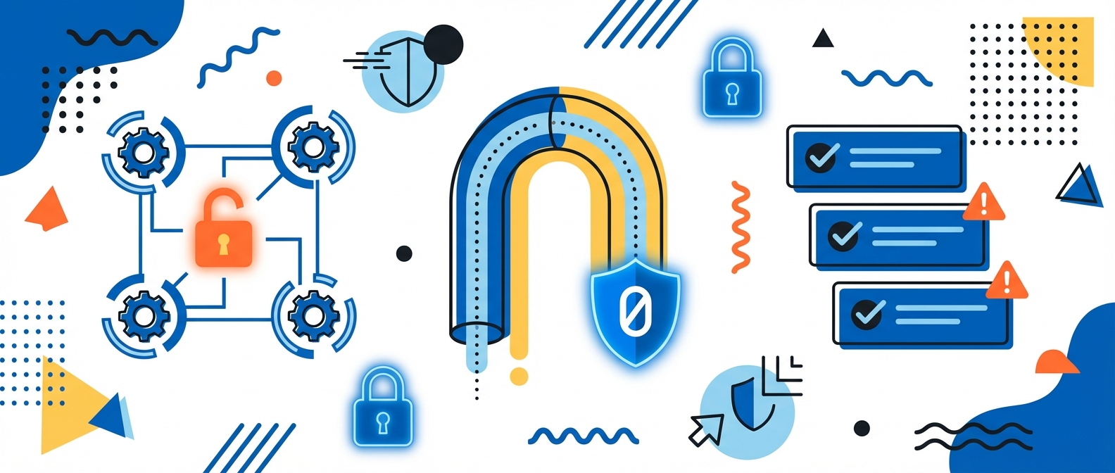 Abstract flat vector illustration in Memphis style showing industrial control systems, a vulnerable VPN tunnel, and zero trust cybersecurity shields using brand color #0057b8.