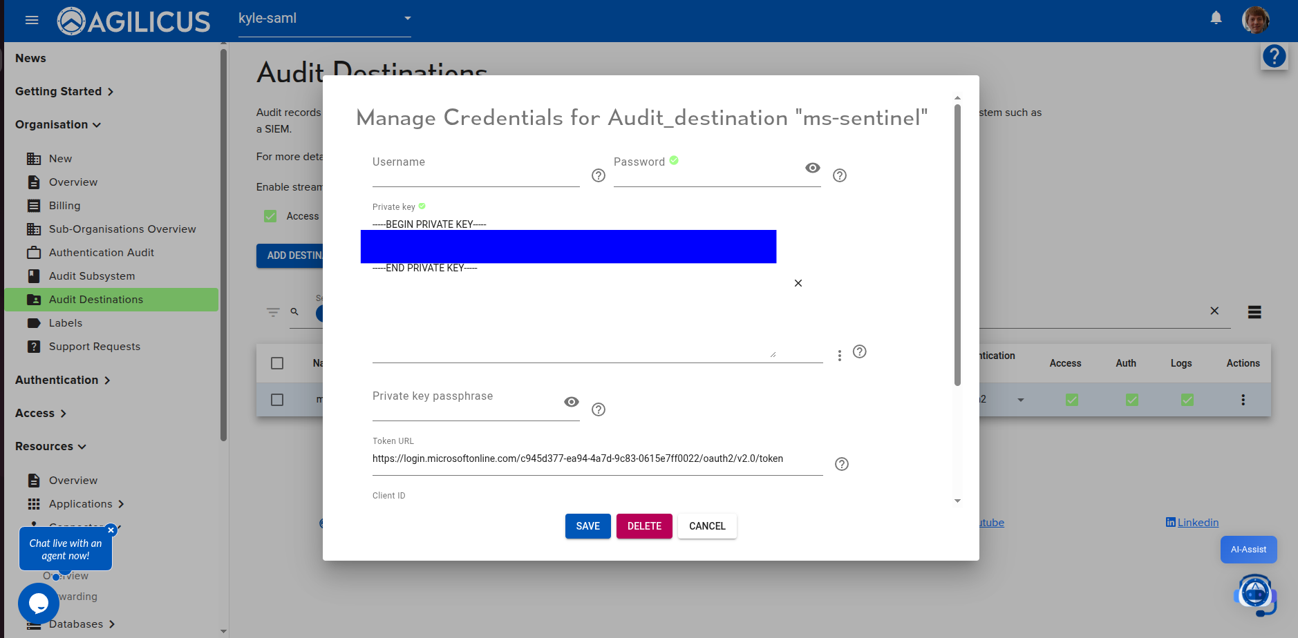The credentials dialog showing private key configuration