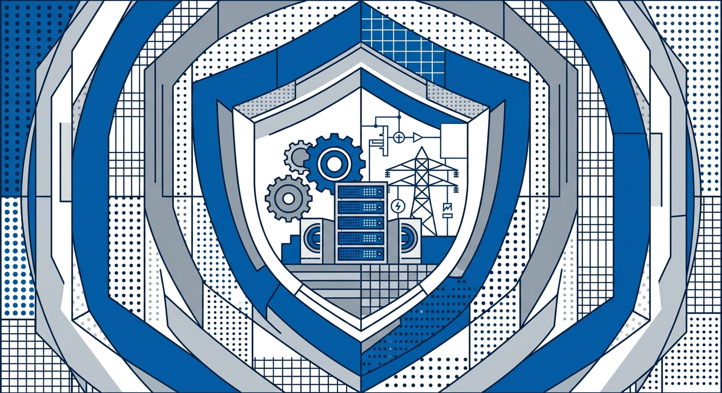 Shield protecting industrial and technical infrastructure icons including gears, a server rack, and a power pylon