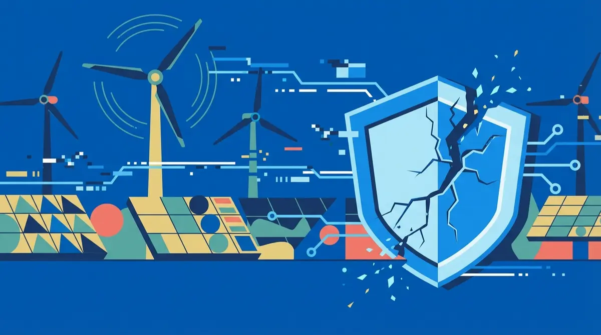 Illustration of wind turbines and solar panels experiencing a digital glitch and cyber attack.